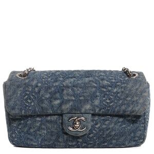 CHANEL  Denim Camellia Embroidered Flap Dark Blue